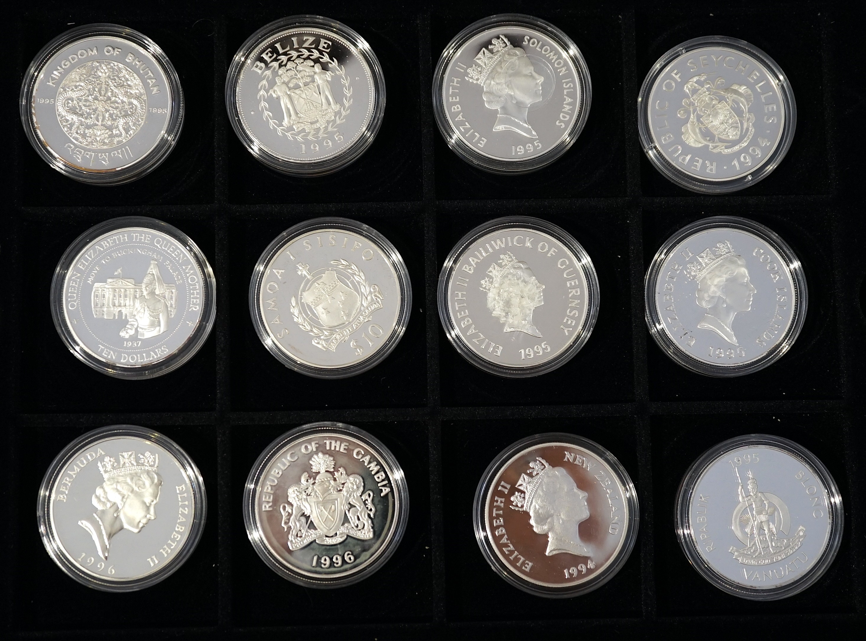 British and Commonwealth commemorative coins, MDM Crown collection HM Queen Elizabeth the Queen Mother, 40 proof silver coins, 28.28 to 41.47g, two cases with album of certificates